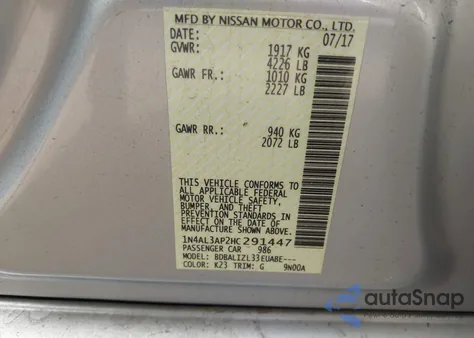 2017 Nissan Altima 2.5 Sv z USA, uszkodzony, nr VIN 1N4AL3AP2HC291447